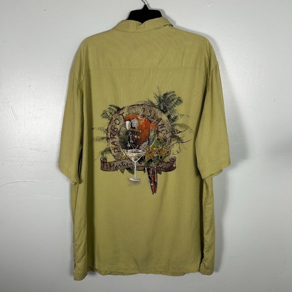 Caribbean Shirt Mens Tall XL Collared Green Button-up Parrot Island Pocket Shirt